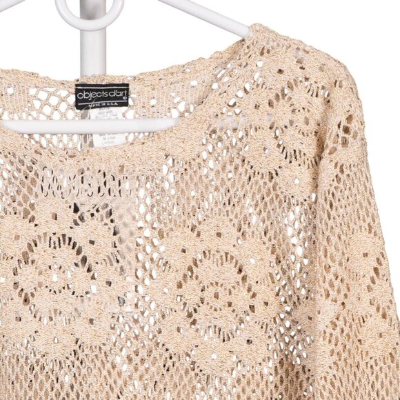 Objects DArt VTG Crochet Knit Sweater L Gold Metallic 90s 70s Retro Long Sleeve - Picture 2 of 5